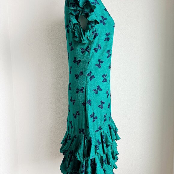 VINTAGE TEAL SILK DRESS WITH BOW PRINT - Picture 6 of 7